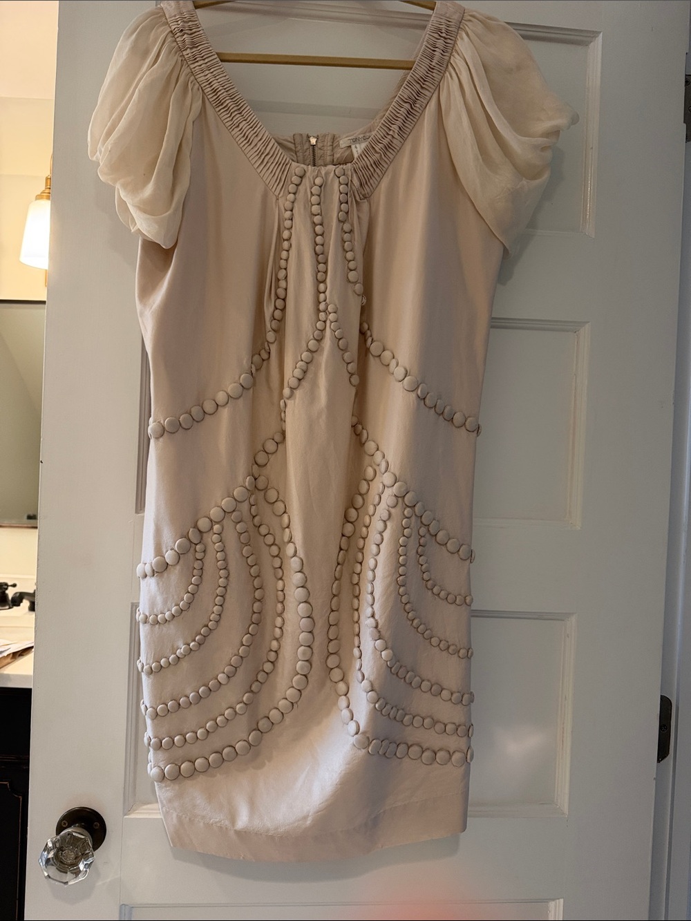 Tony Cohen 100% Silk Embellished Draped Cocktail Dress Ivory Blush Size 4